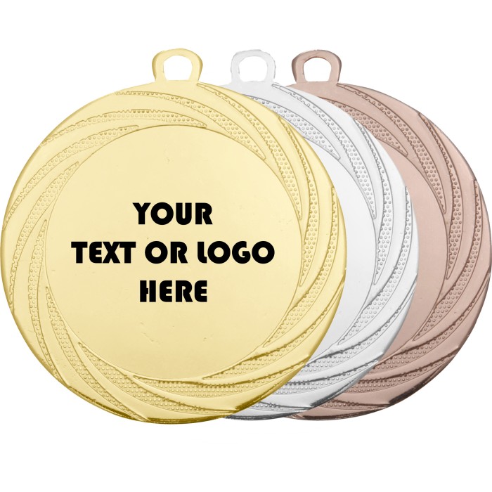 70MM SWIRL PATTERN CUSTOM DOMED CENTRE MEDAL - GOLD, SILVER OR BRONZE